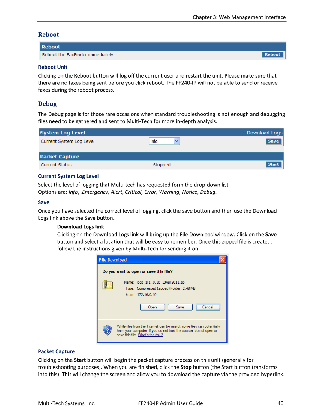 Multitech FF240 manual Reboot, Debug 