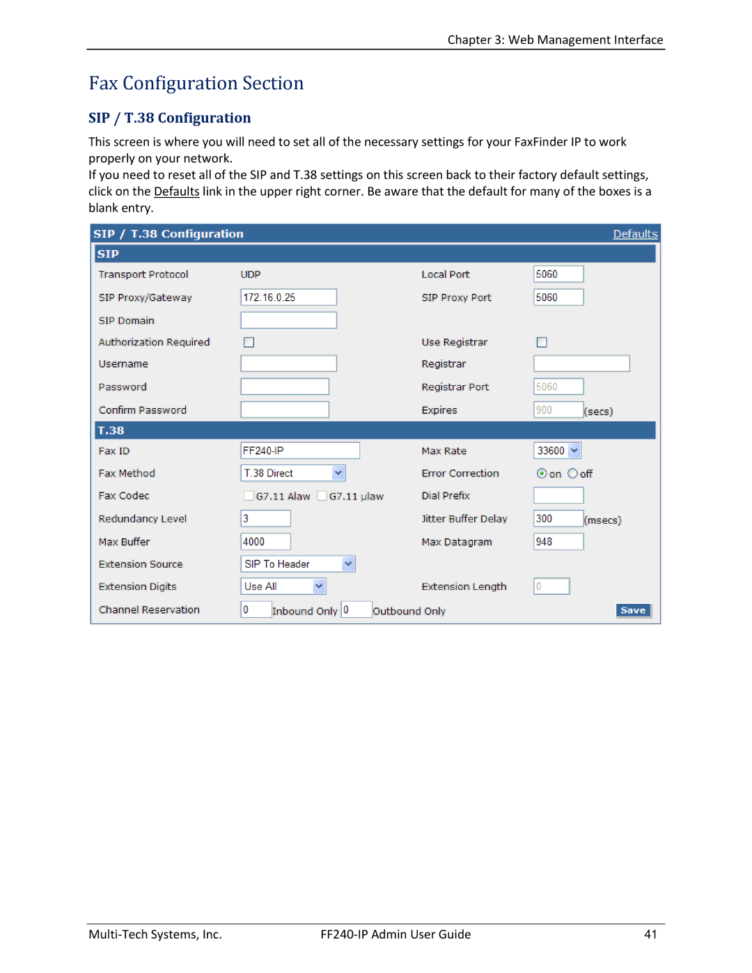 Multitech FF240 manual Fax Configuration Section, SIP / T.38 Configuration 