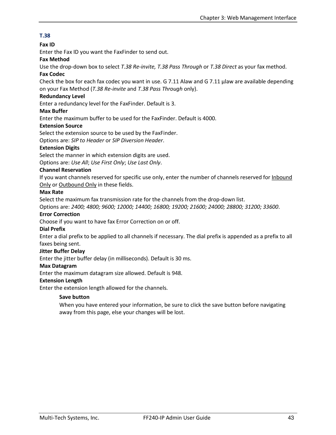 Multitech FF240 Fax ID, Fax Method, Fax Codec, Redundancy Level, Max Buffer, Extension Source, Extension Digits, Max Rate 