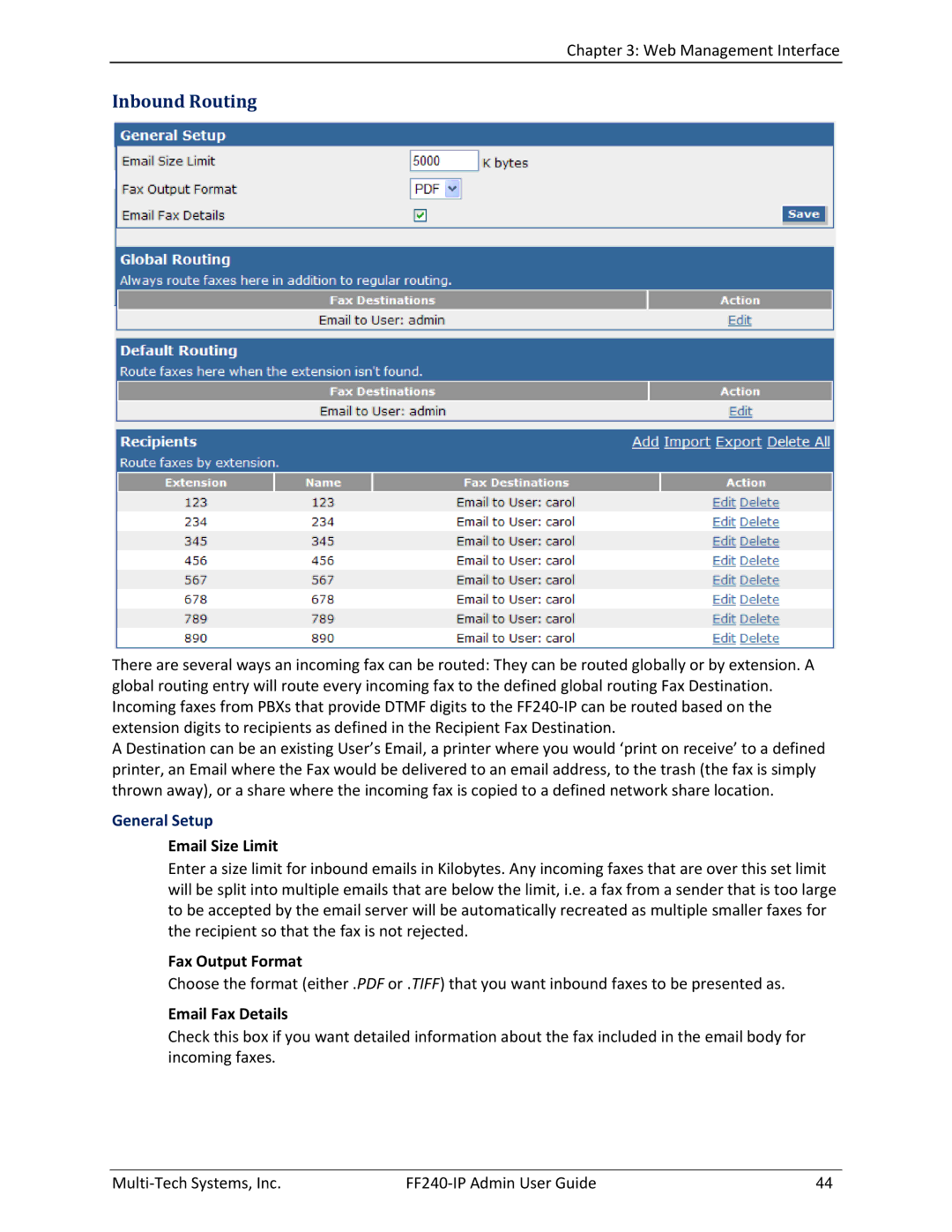 Multitech FF240 manual Inbound Routing, General Setup, Email Size Limit, Fax Output Format Email Fax Details 