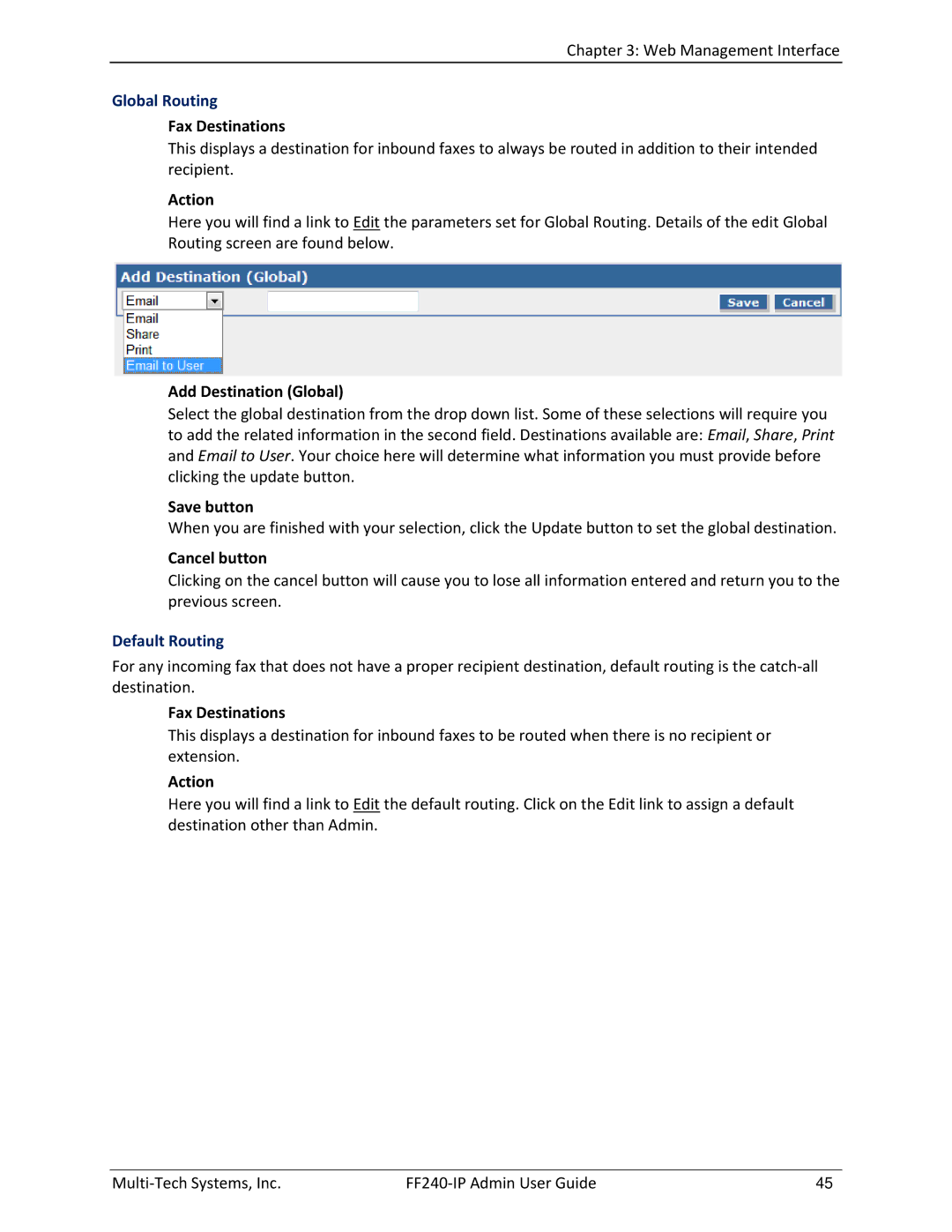 Multitech FF240 manual Global Routing, Fax Destinations, Add Destination Global, Default Routing 