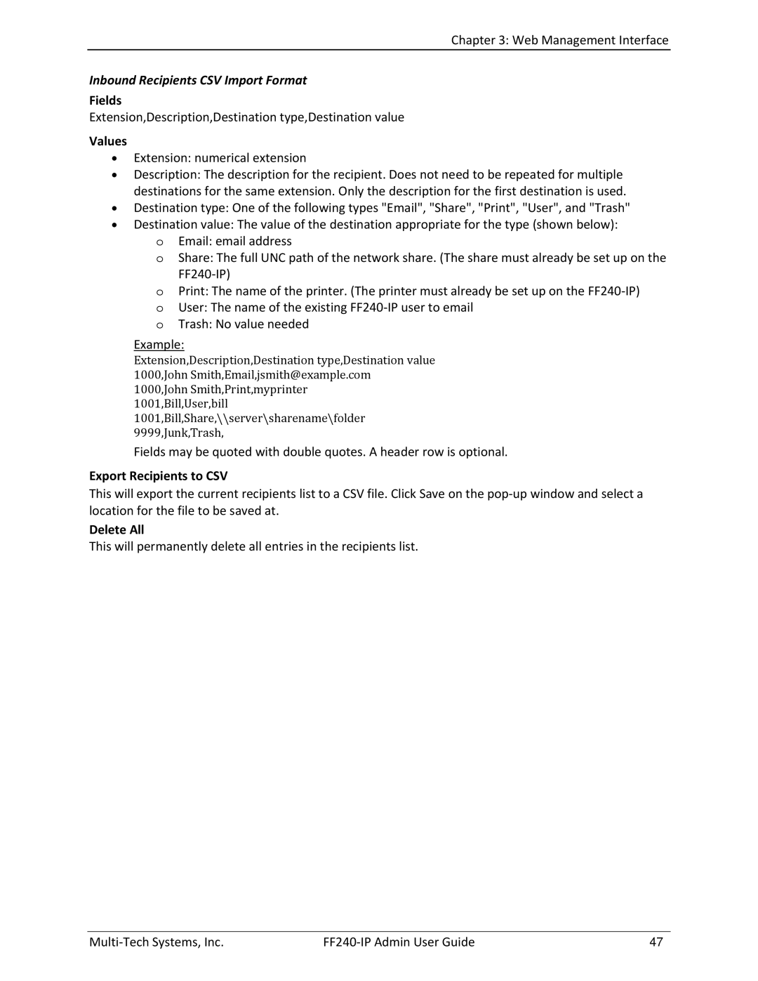 Multitech FF240 manual Fields, Values, Export Recipients to CSV, Delete All 
