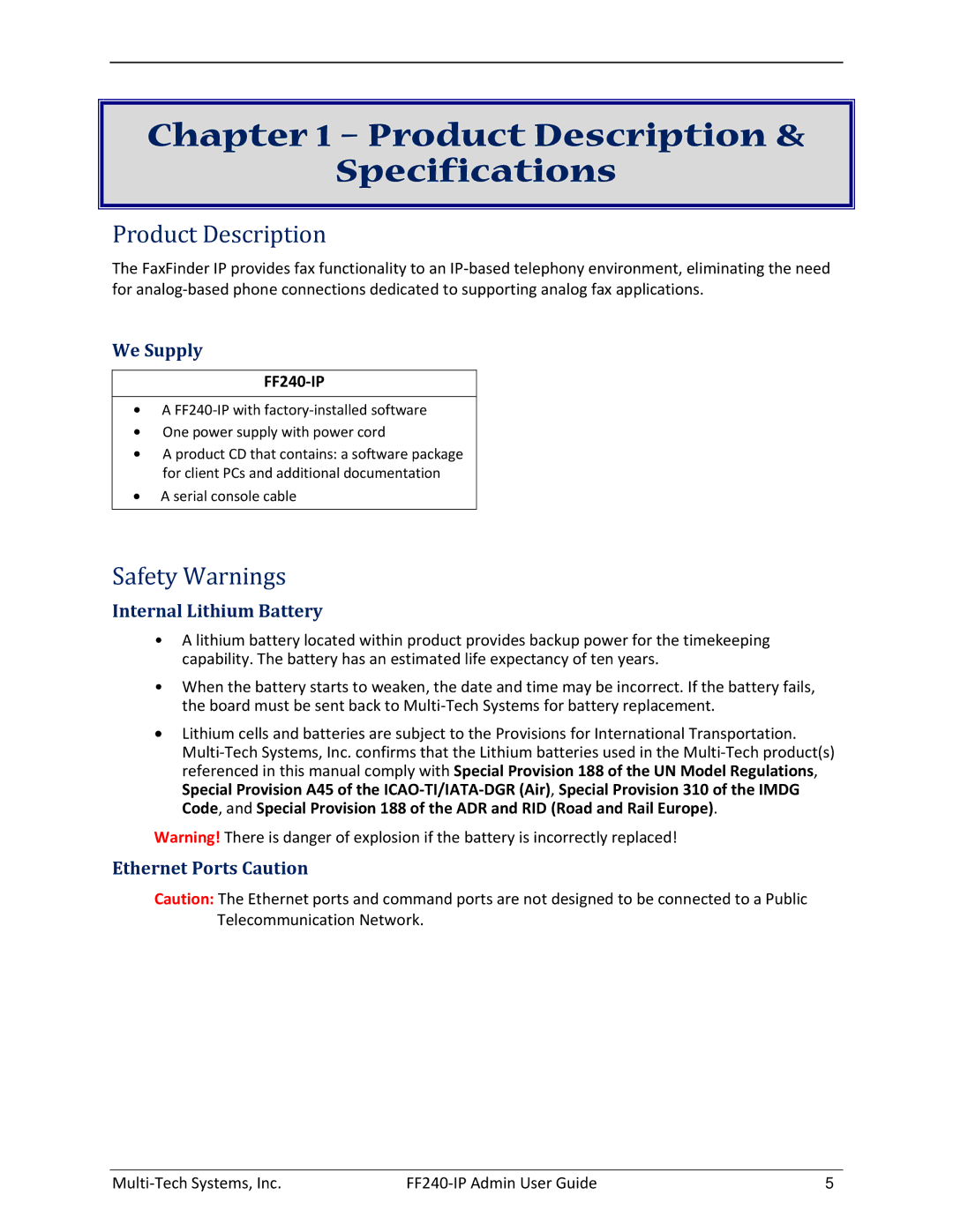 Multitech FF240 manual Product Description Specifications, Safety Warnings 