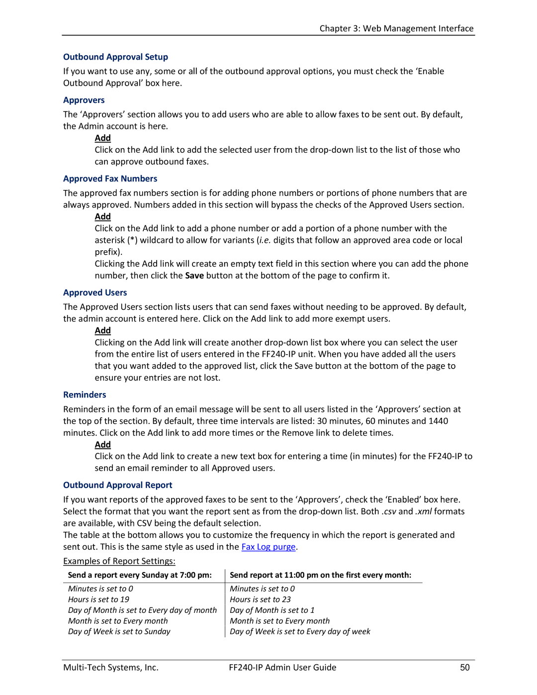 Multitech FF240 manual Outbound Approval Setup, Approvers, Approved Fax Numbers, Approved Users, Reminders 