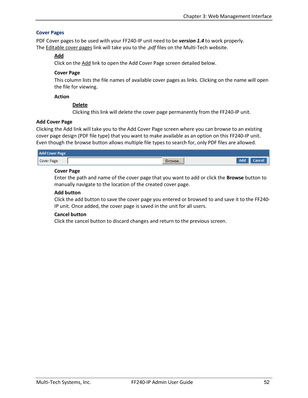 Multitech FF240 manual Cover Pages, Action Delete, Add Cover, Add button 