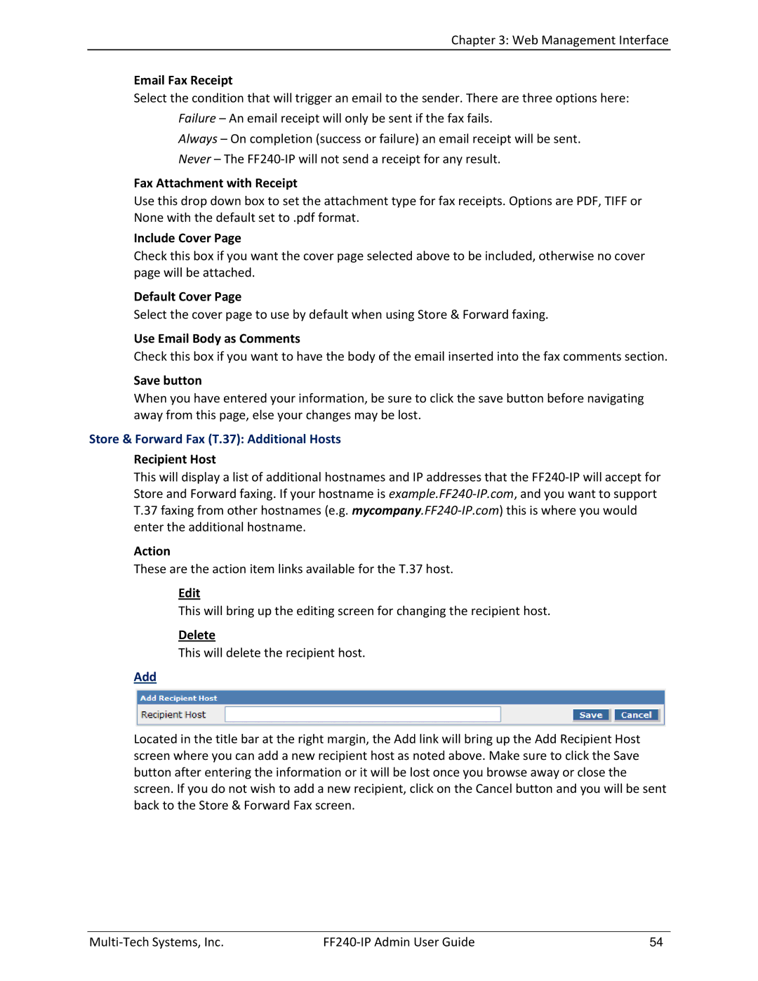 Multitech FF240 manual Store & Forward Fax T.37 Additional Hosts 