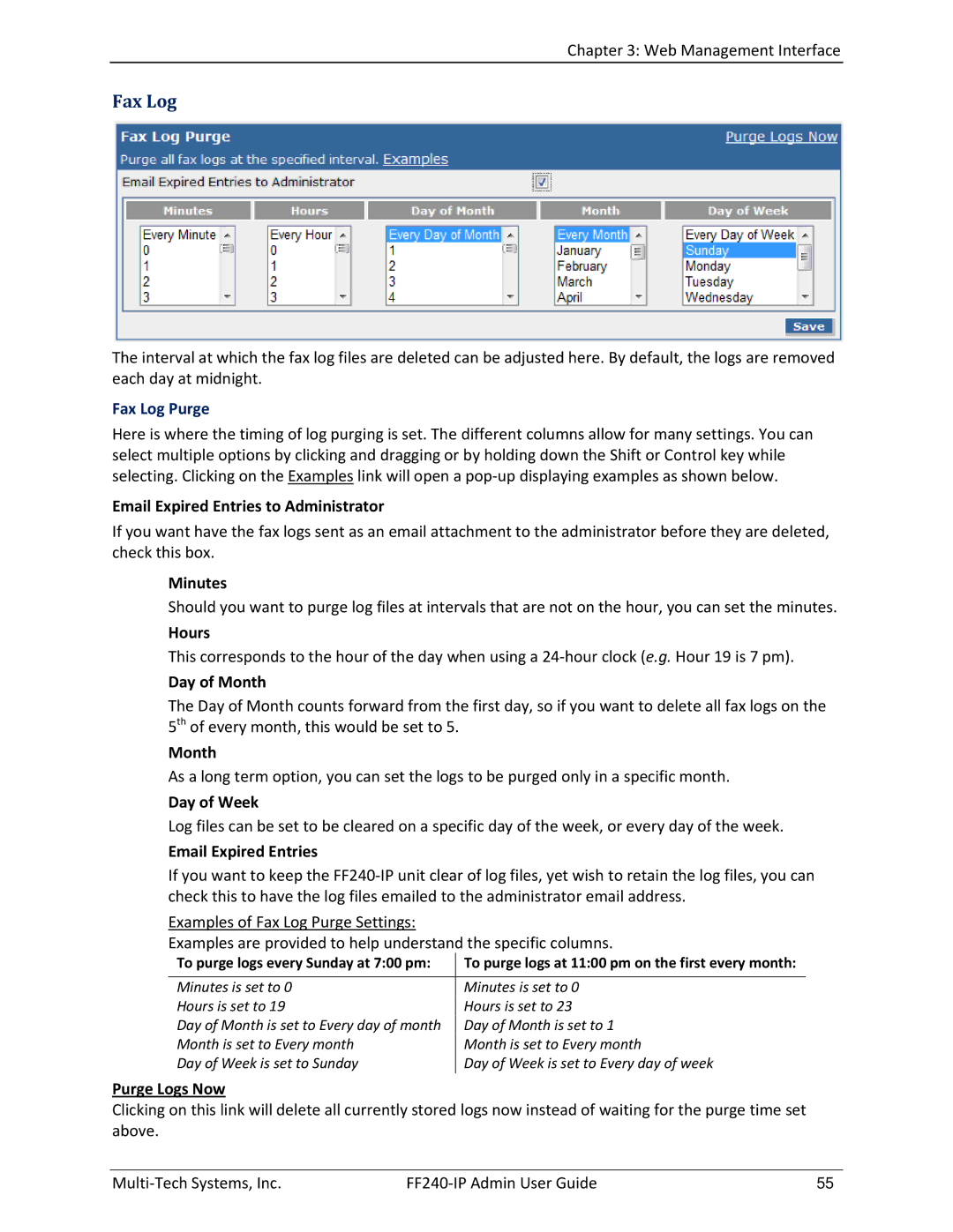 Multitech FF240 manual Fax Log Purge 