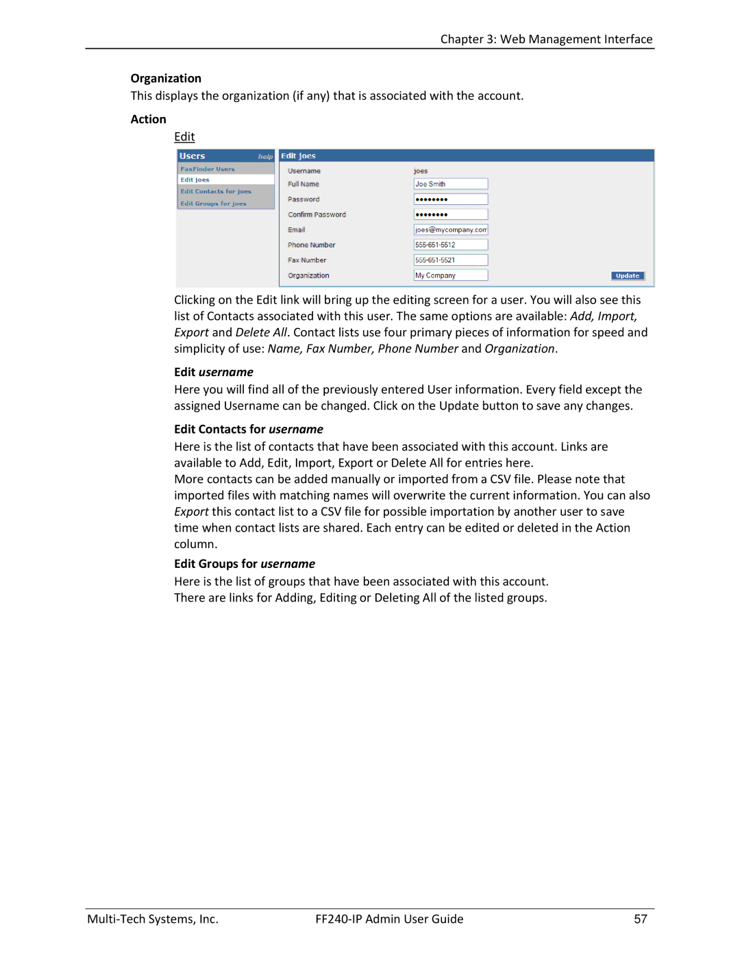 Multitech FF240 manual Edit Contacts for username, Edit Groups for username 