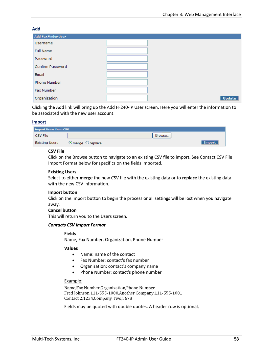 Multitech FF240 manual Import, Existing Users 