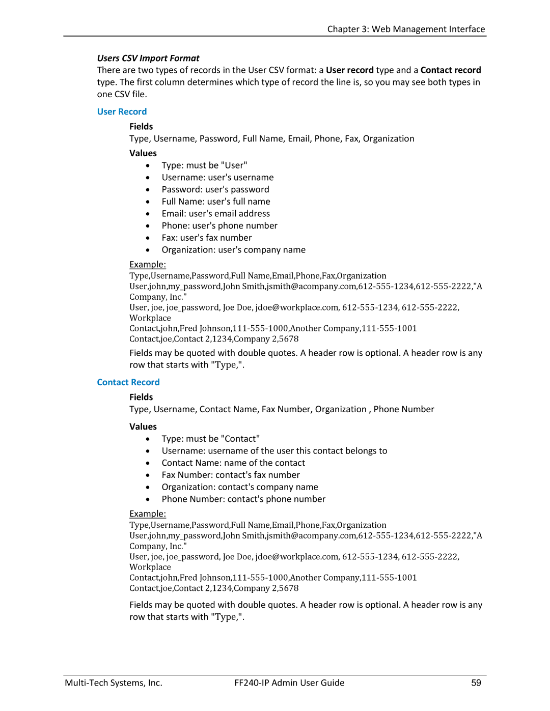 Multitech FF240 manual Users CSV Import Format 