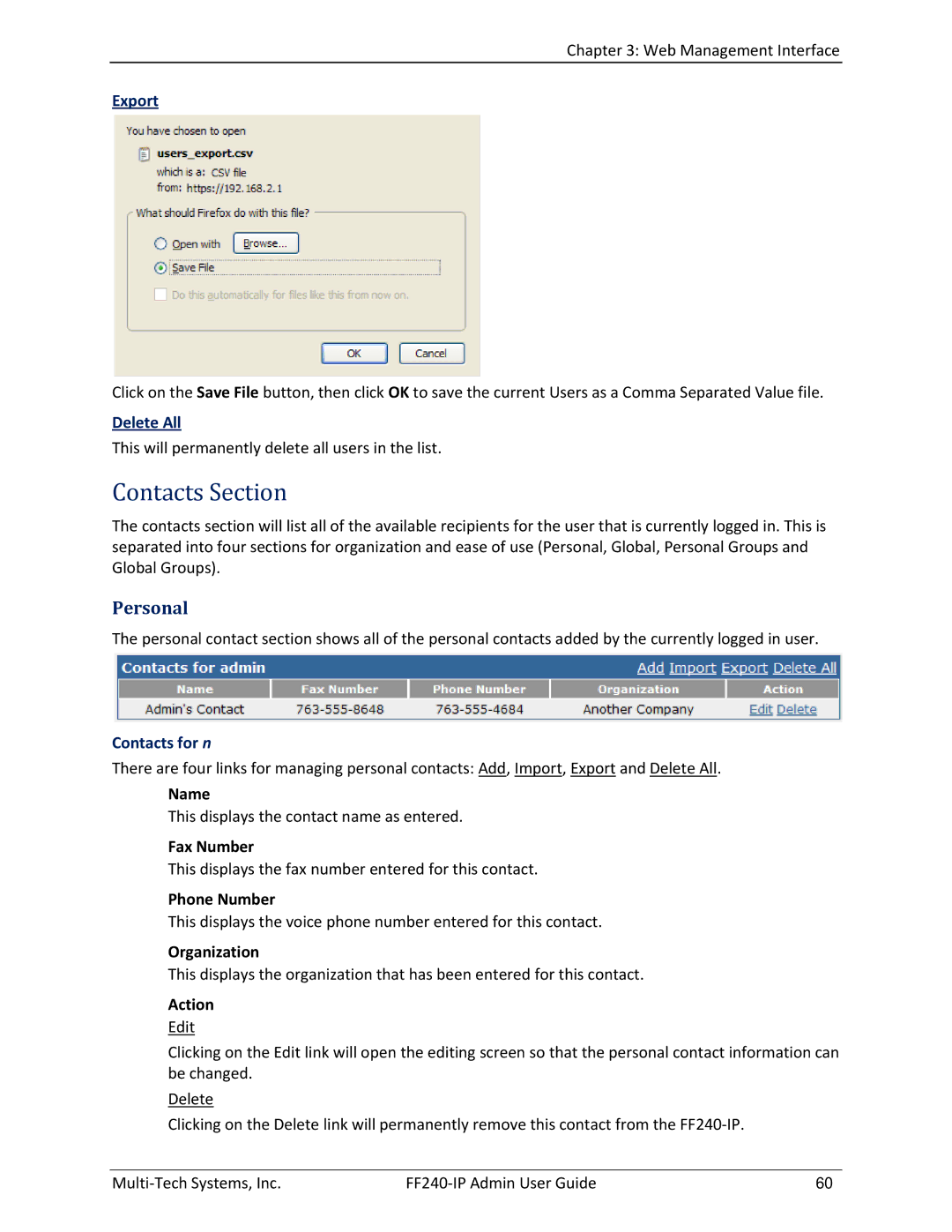 Multitech FF240 manual Contacts Section, Personal, Export, Delete All, Contacts for n 