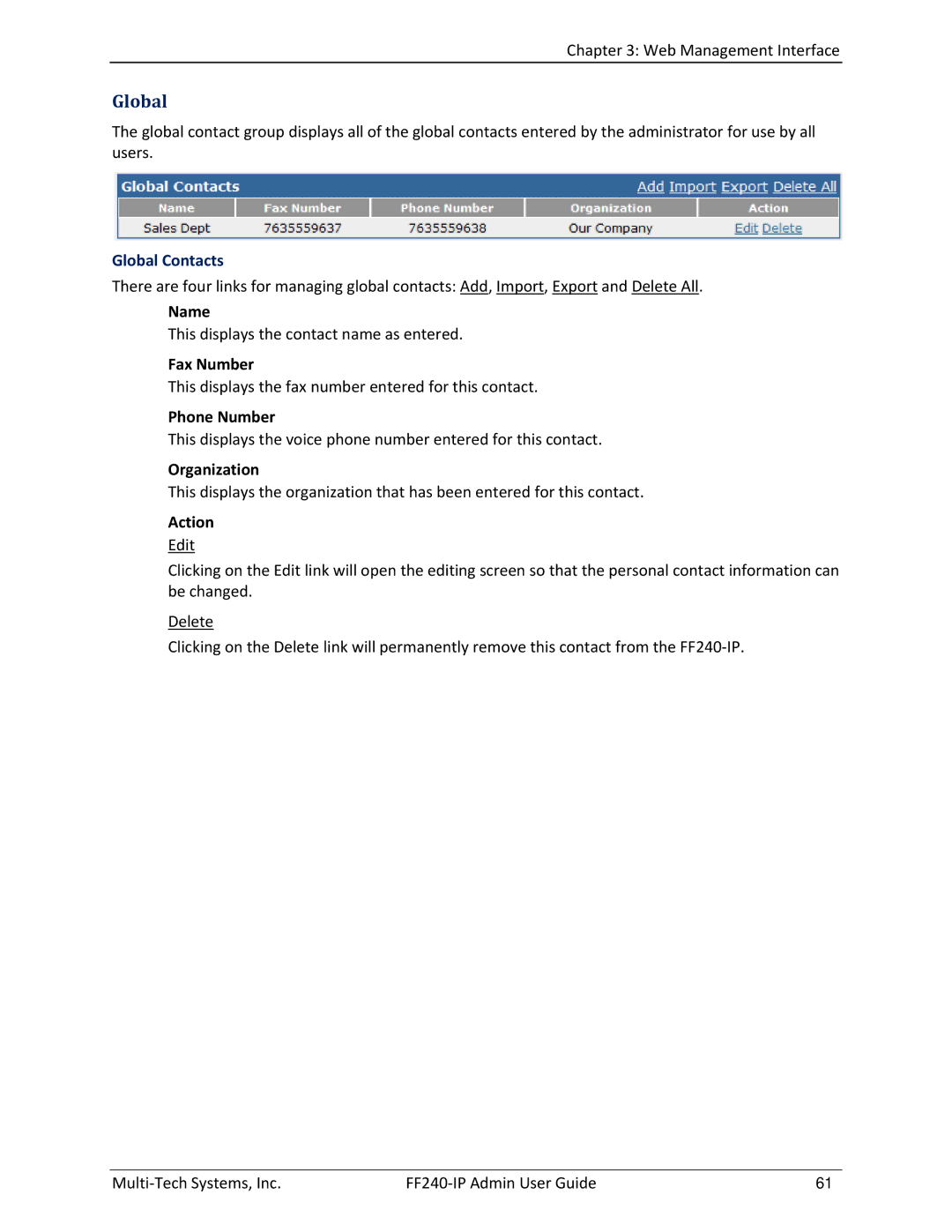 Multitech FF240 manual Global Contacts 