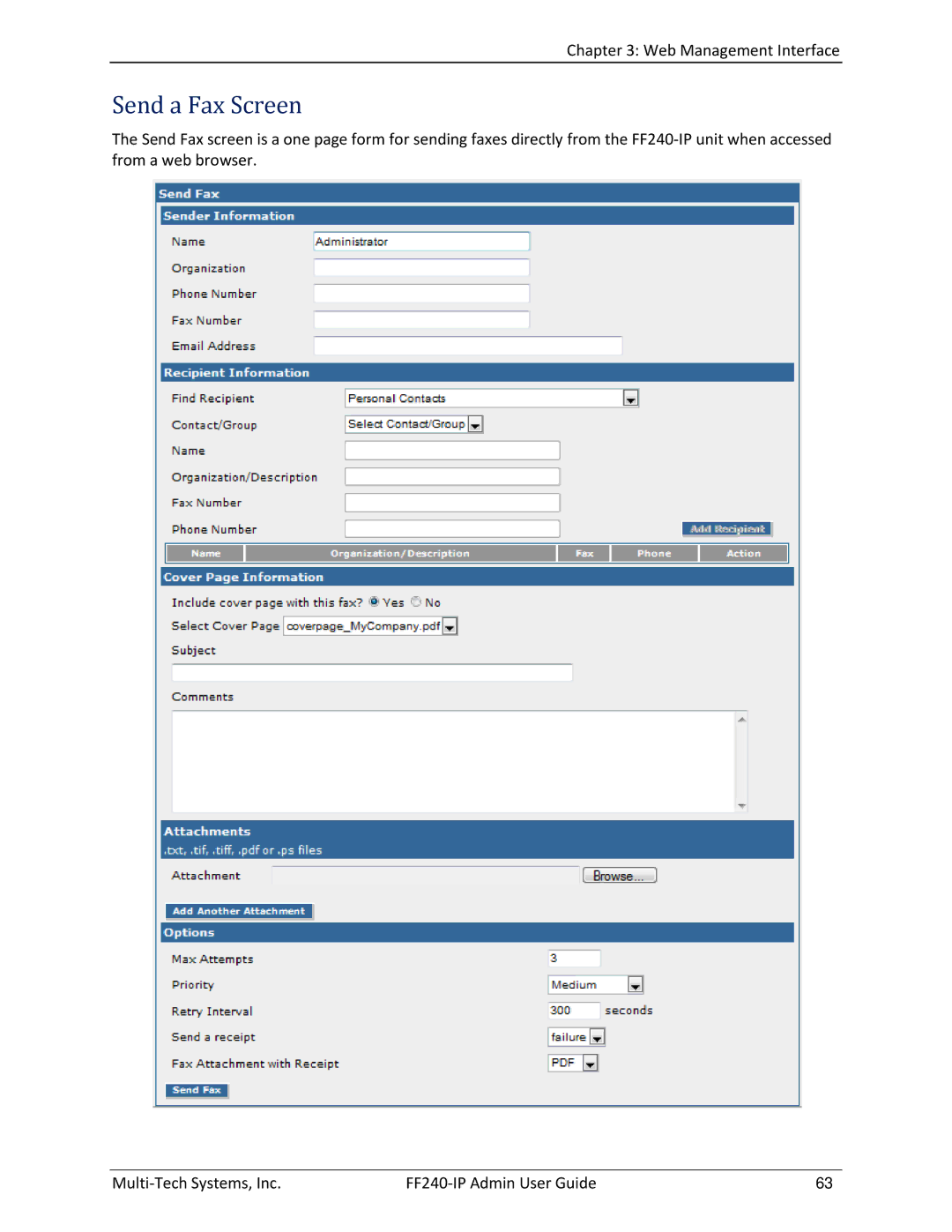 Multitech FF240 manual Send a Fax Screen 