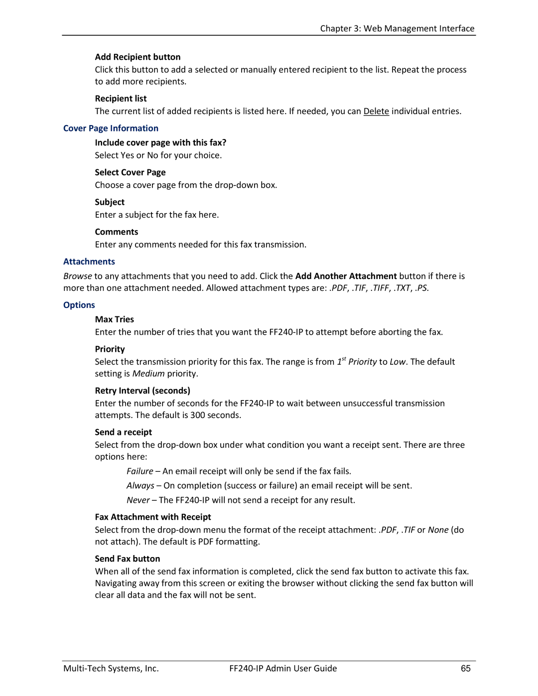 Multitech FF240 manual Cover Page Information, Attachments Options 