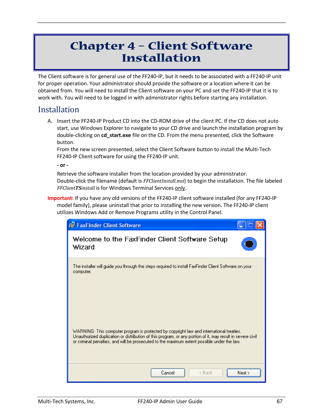 Multitech FF240 manual Client Software Installation 