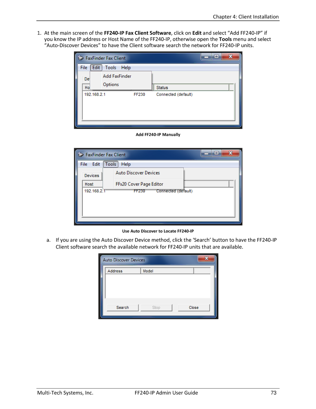 Multitech manual Add FF240-IP Manually Use Auto Discover to Locate FF240-IP 