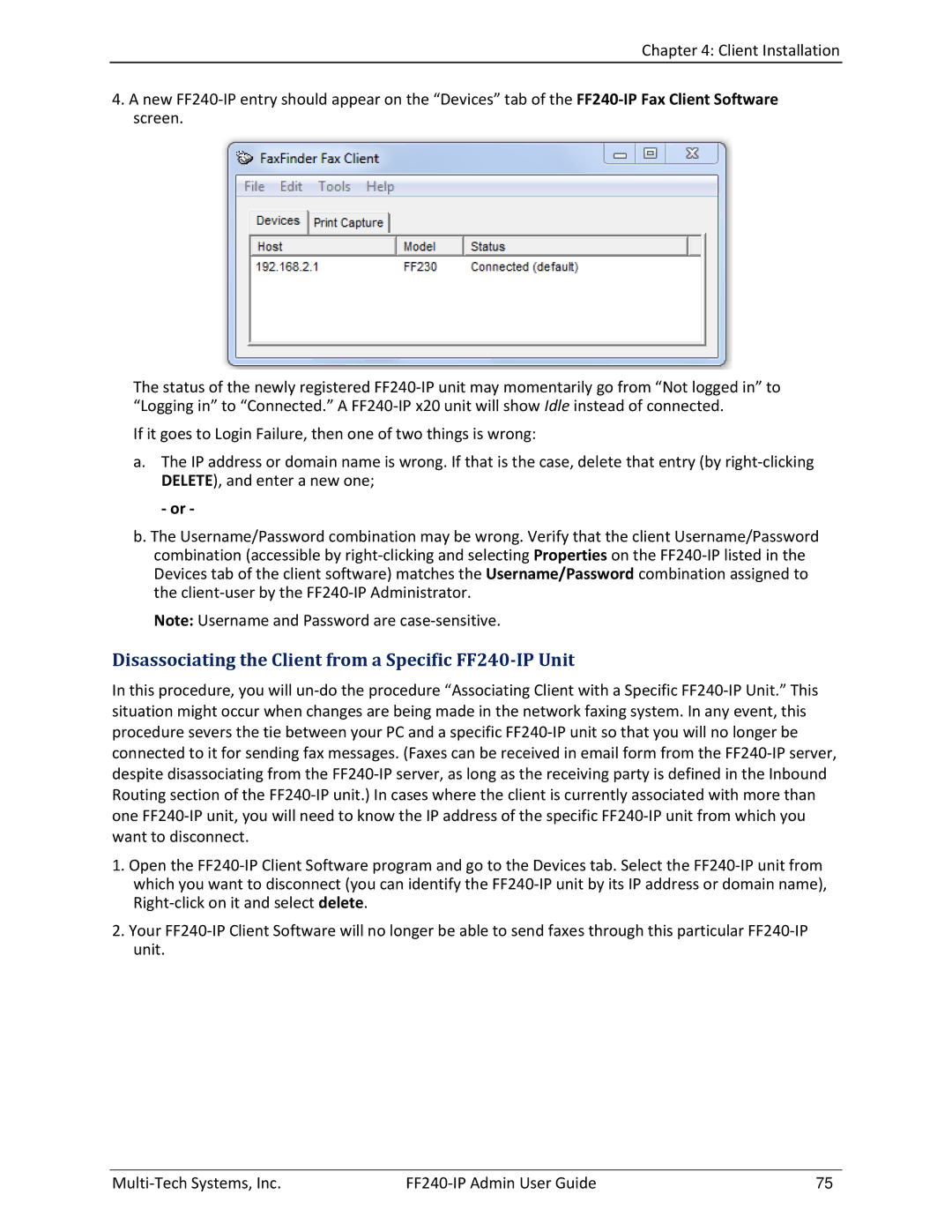 Multitech manual Disassociating the Client from a Specific FF240-IP Unit 