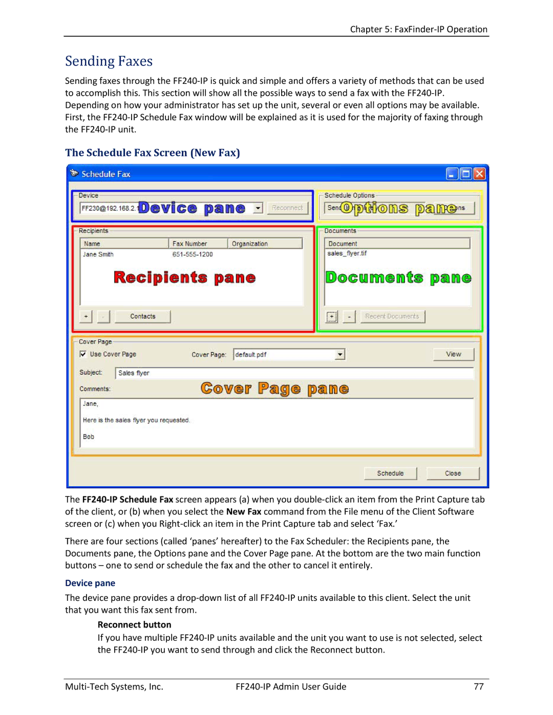 Multitech FF240 manual Sending Faxes, Schedule Fax Screen New Fax, Device pane, Reconnect button 