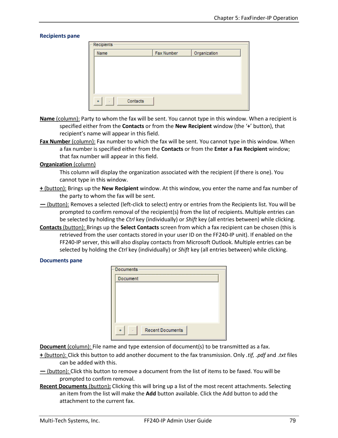 Multitech FF240 manual Recipients pane, Organization column, Documents pane 