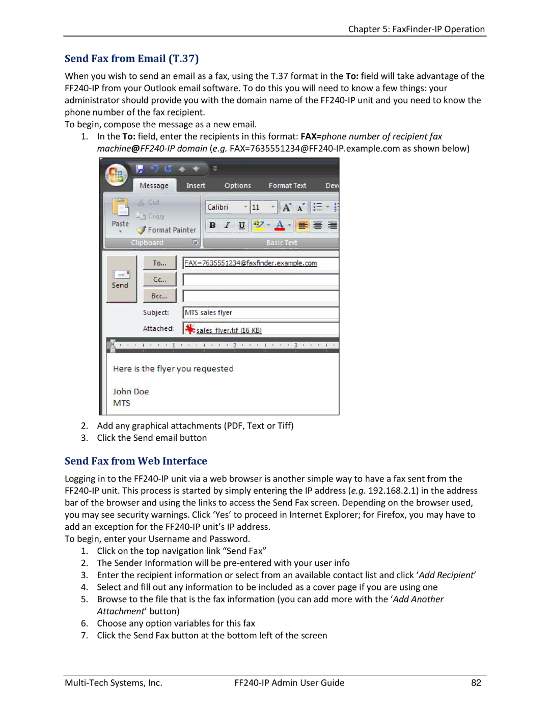 Multitech FF240 manual Send Fax from Email T.37, Send Fax from Web Interface 