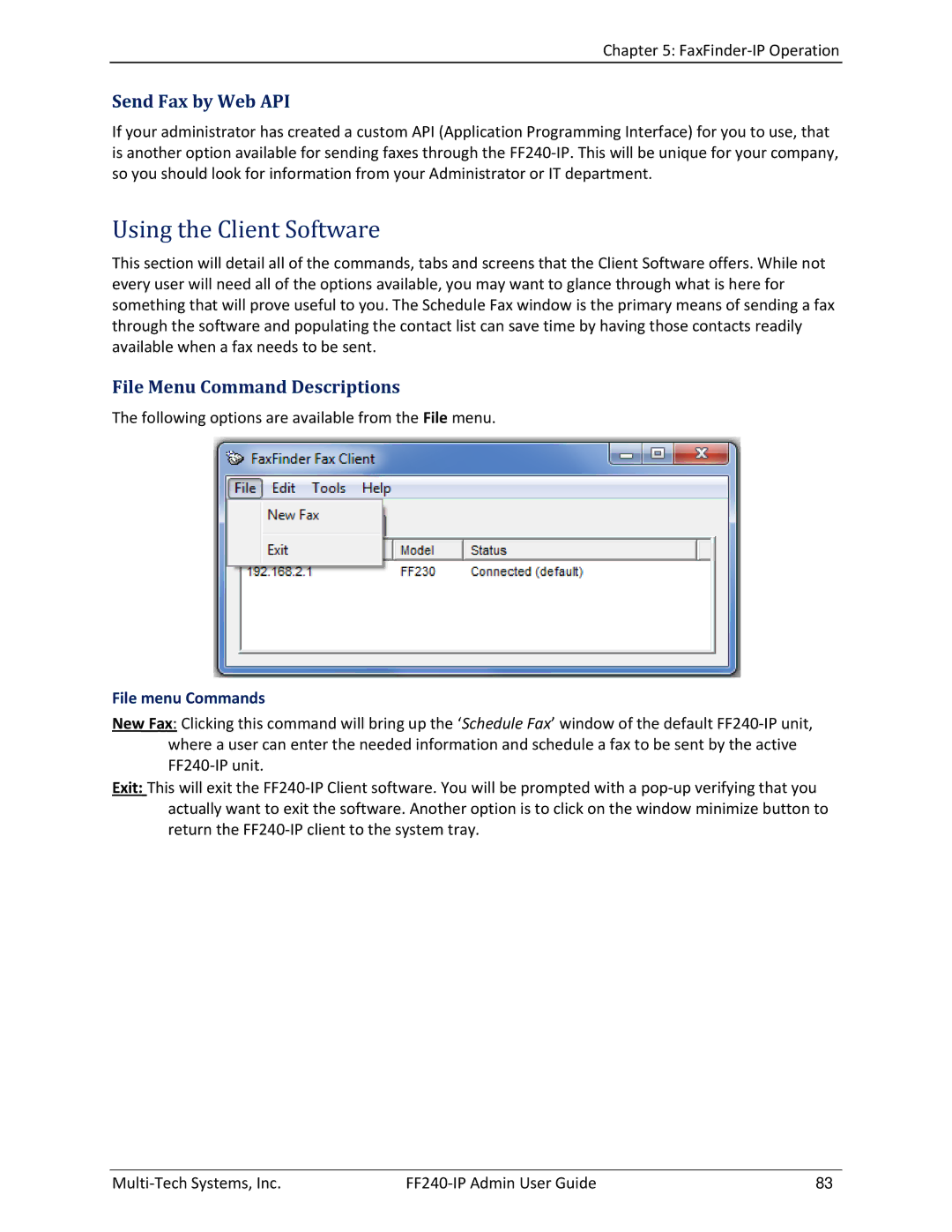 Multitech FF240 manual Using the Client Software, Send Fax by Web API, File Menu Command Descriptions, File menu Commands 