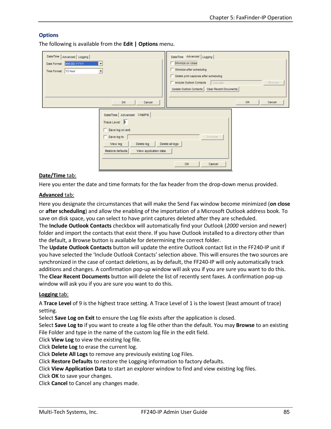 Multitech FF240 manual Date/Time tab, Advanced tab, Logging tab 