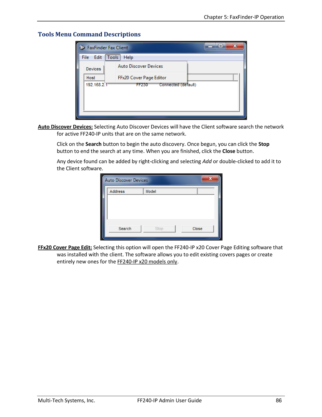 Multitech FF240 manual Tools Menu Command Descriptions 