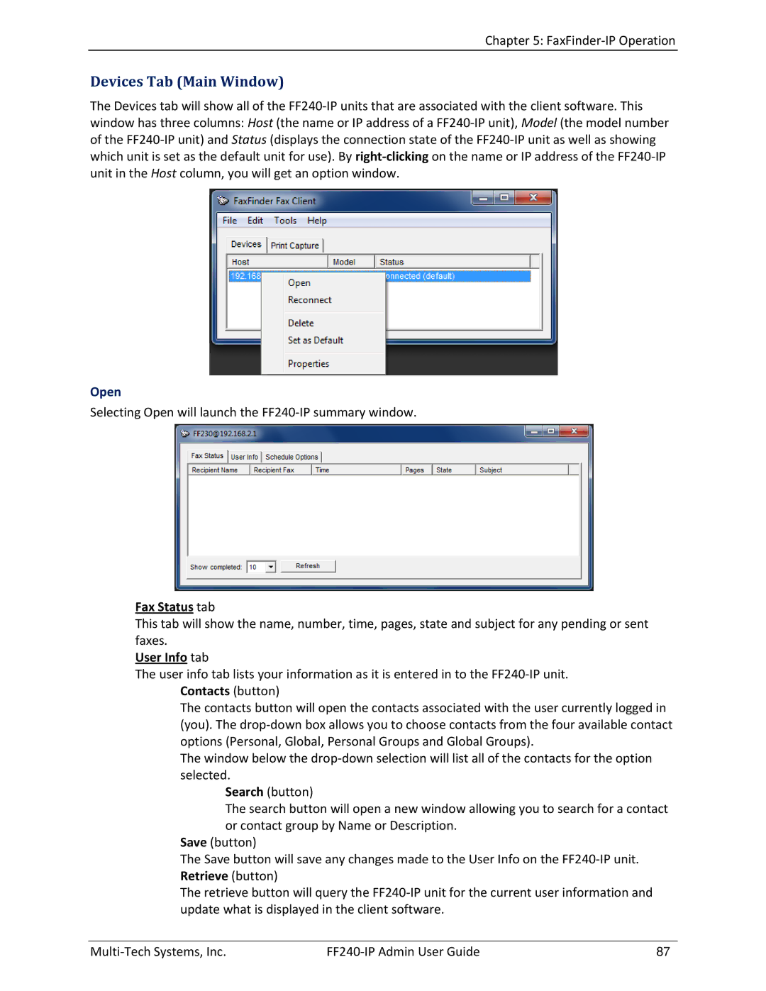 Multitech FF240 manual Devices Tab Main Window, Open, Fax Status tab, User Info tab 