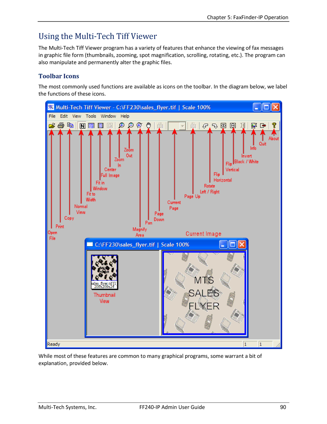 Multitech FF240 manual Using the Multi-Tech Tiff Viewer, Toolbar Icons 