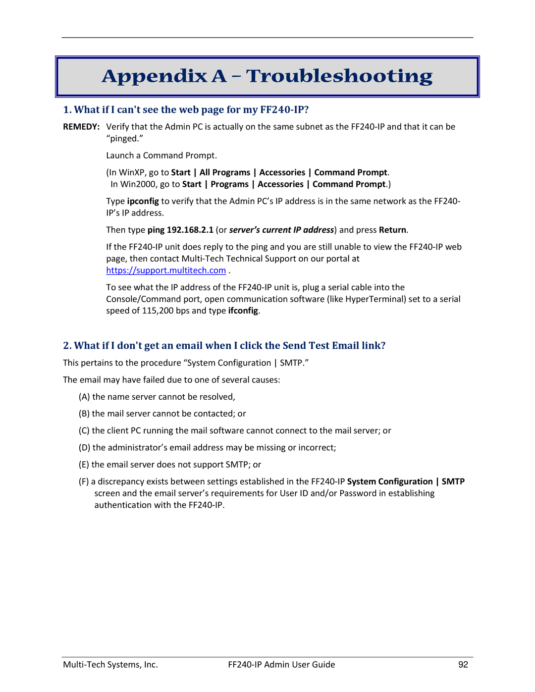 Multitech manual Appendix a Troubleshooting, What if I cant see the web page for my FF240-IP? 