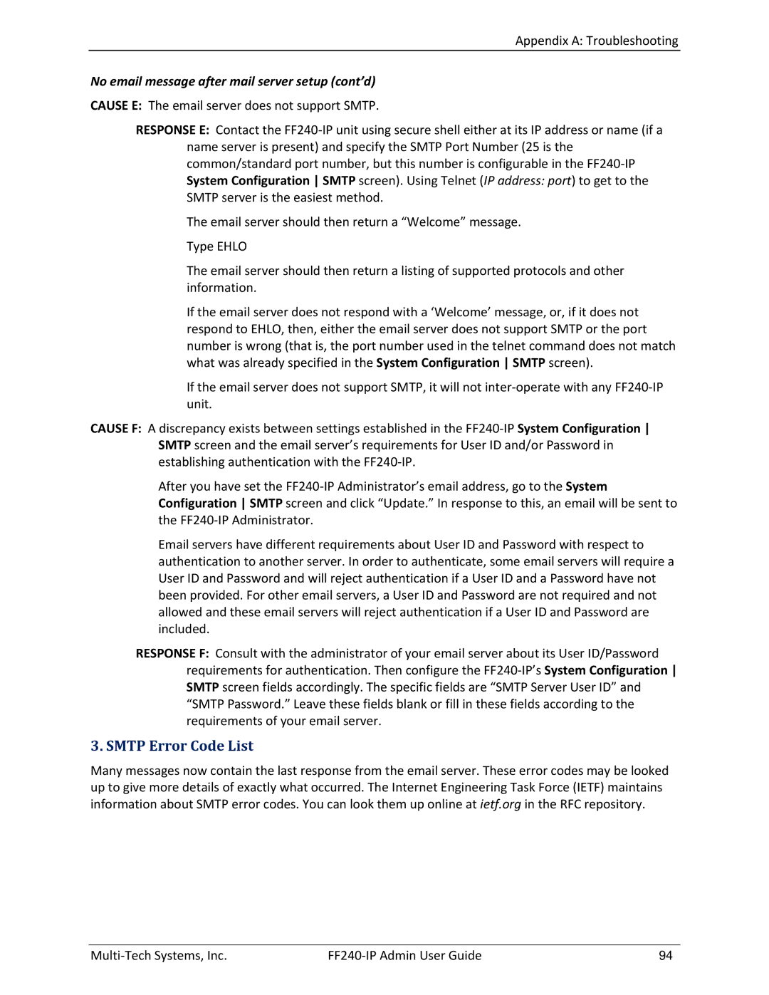 Multitech FF240 manual Smtp Error Code List, No email message after mail server setup cont’d 