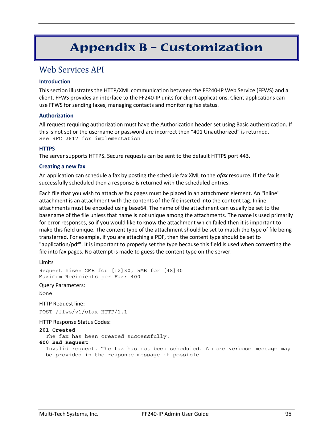 Multitech FF240 manual Appendix B Customization, Web Services API, Introduction, Authorization, Creating a new fax 