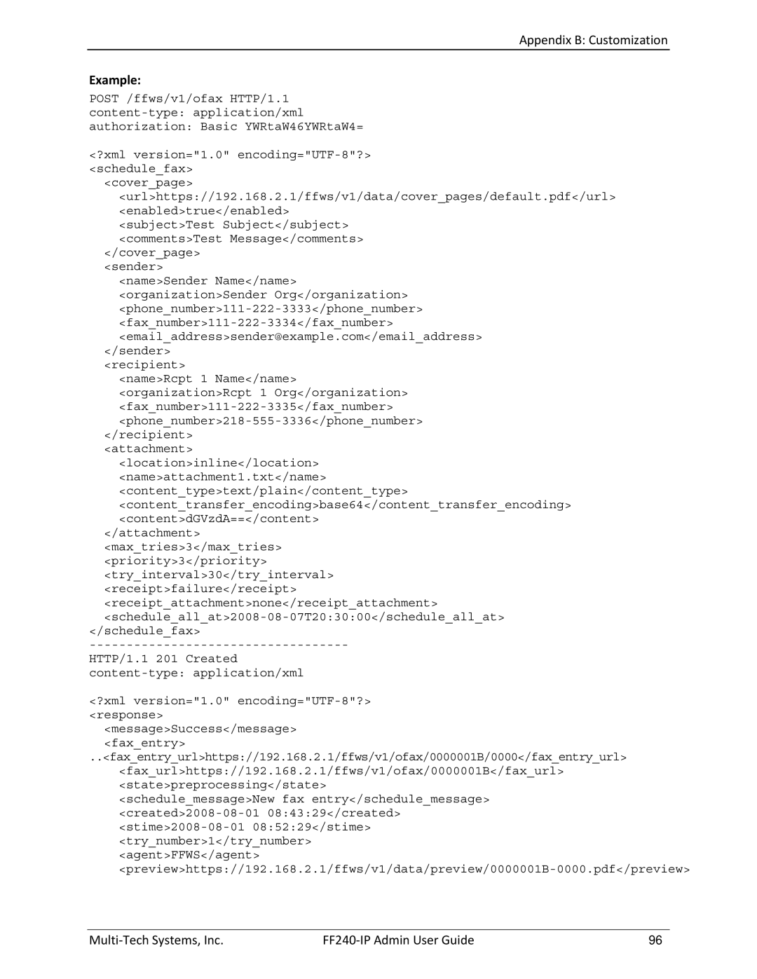 Multitech FF240 manual Example 