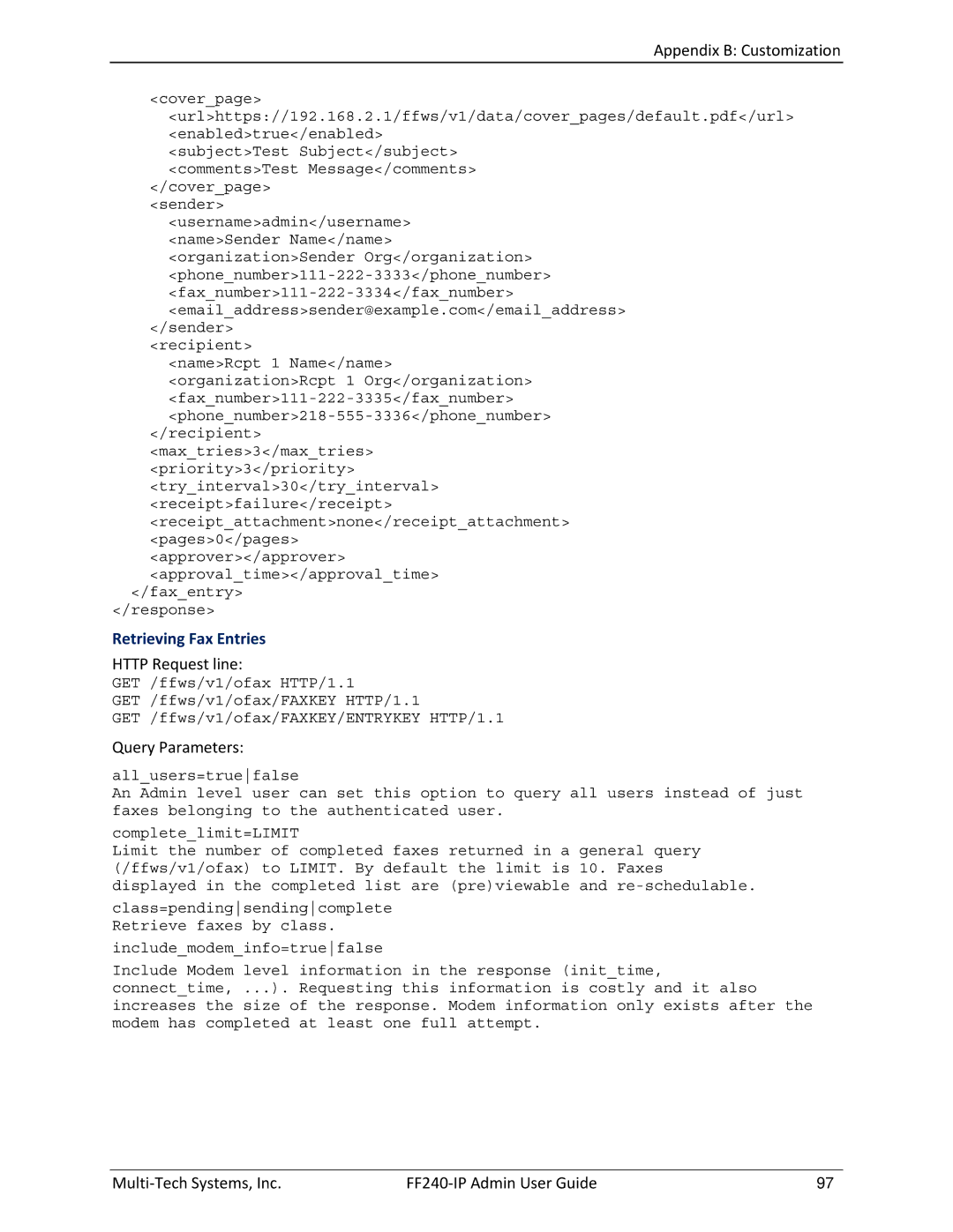 Multitech FF240 manual Retrieving Fax Entries 