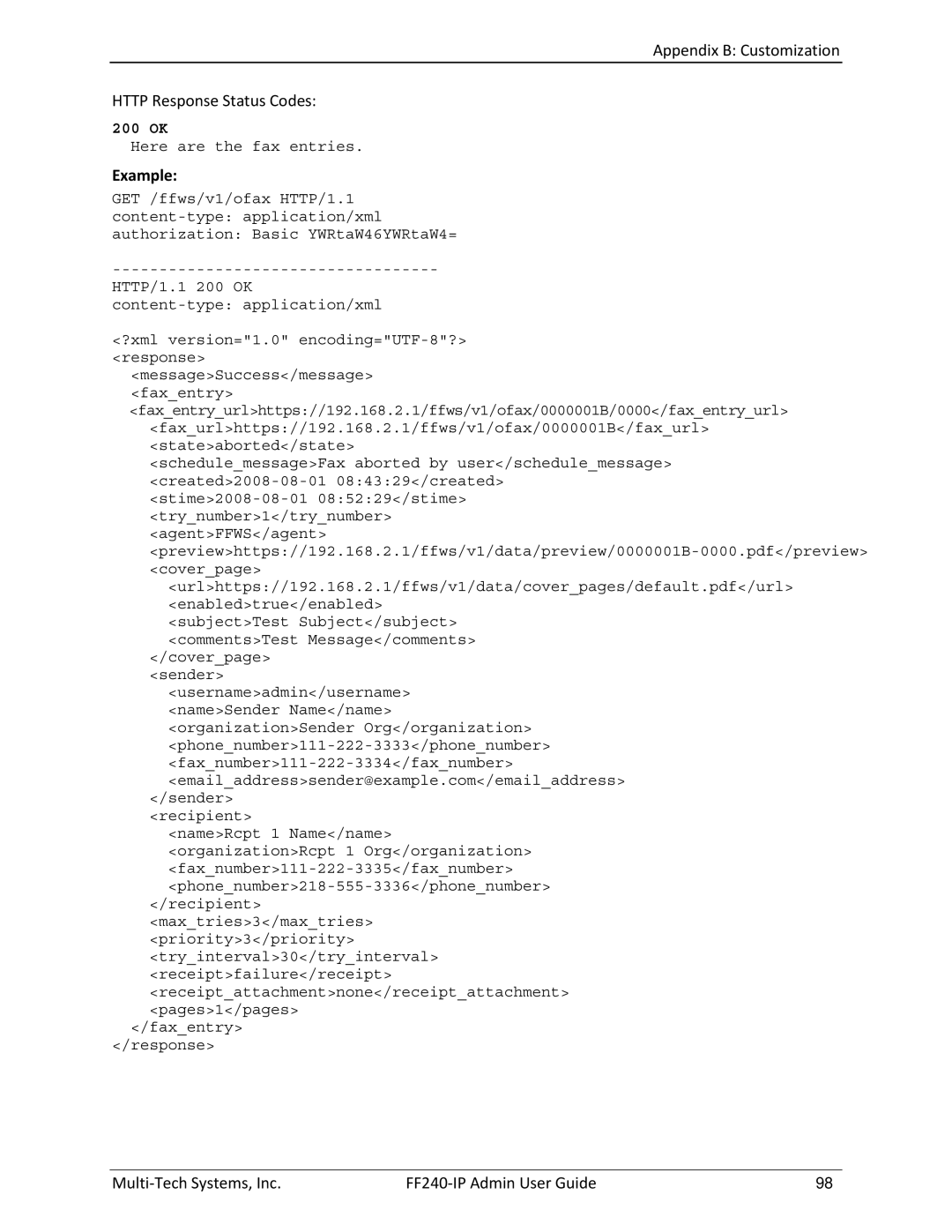 Multitech FF240 manual Appendix B Customization Http Response Status Codes 