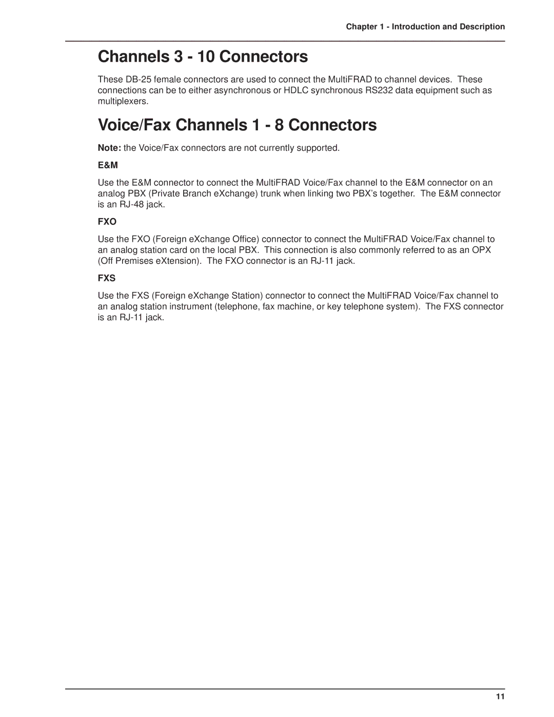 Multitech 3100, FR3060 manual Channels 3 10 Connectors, Voice/Fax Channels 1 8 Connectors 