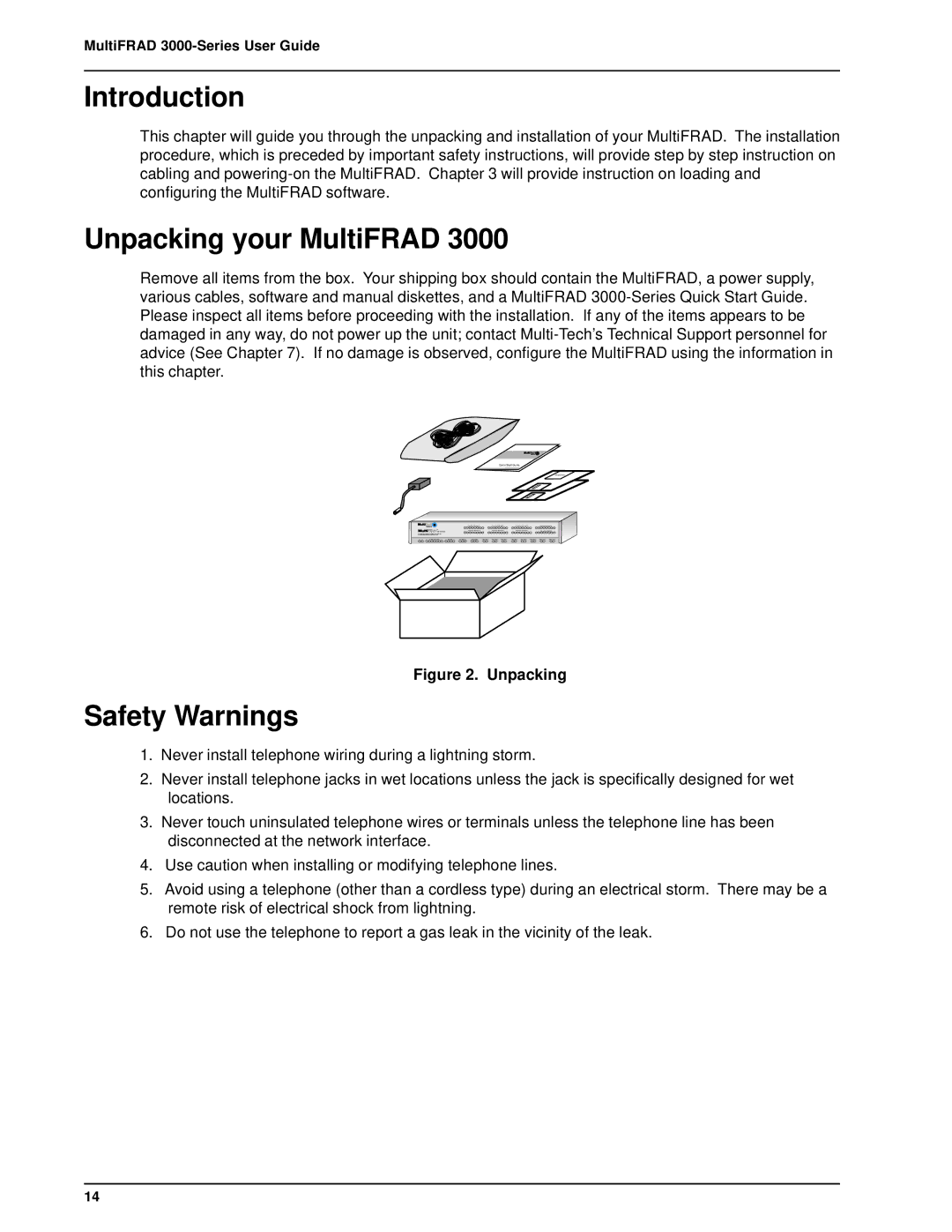 Multitech FR3060, 3100 manual Unpacking your MultiFRAD, Safety Warnings 