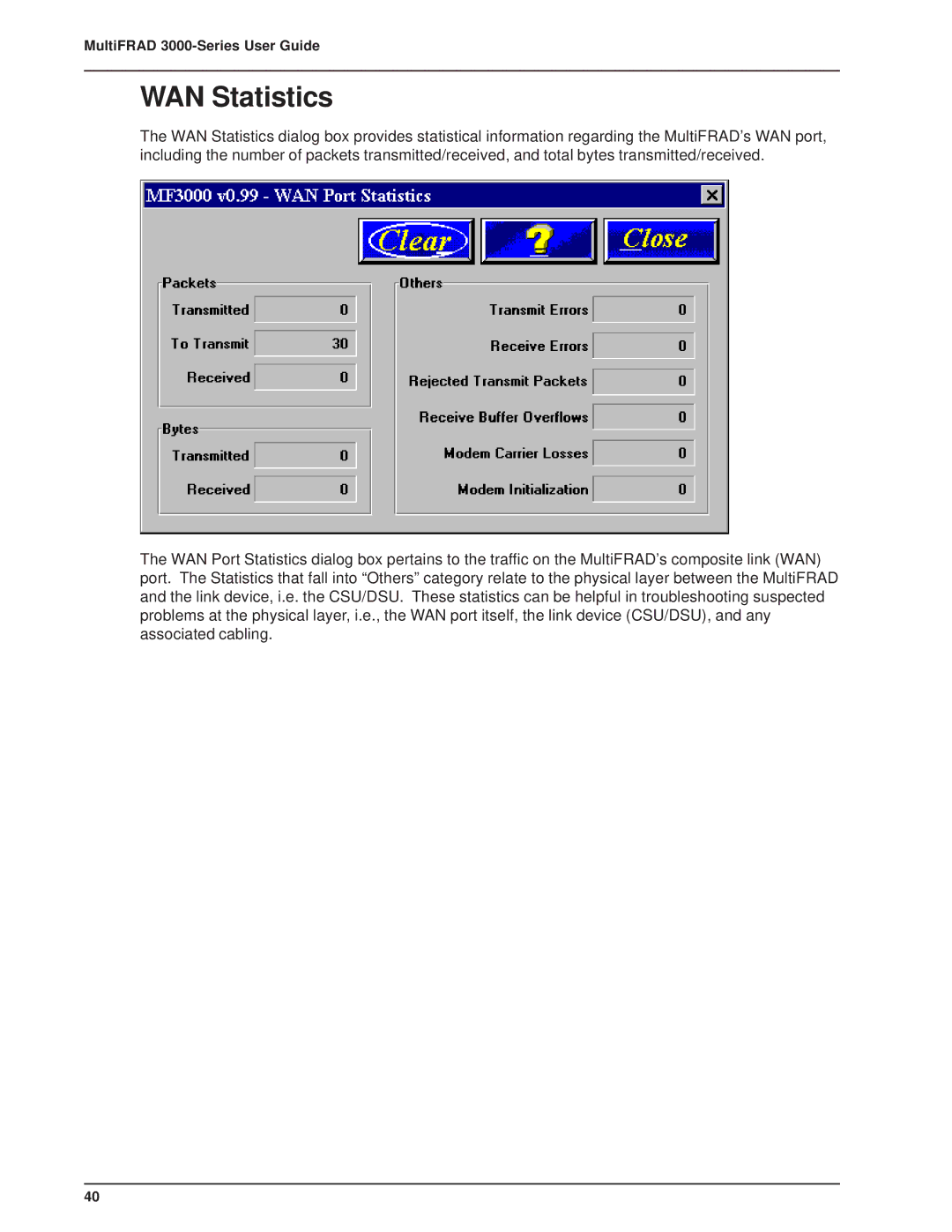 Multitech FR3060, 3100 manual WAN Statistics 