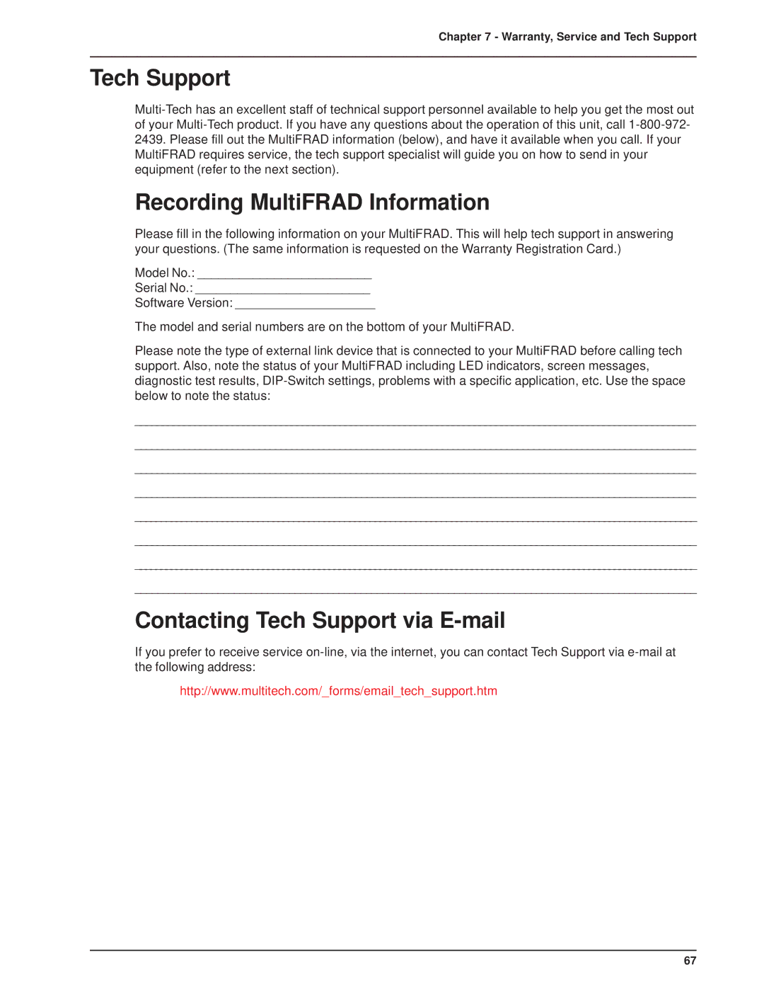 Multitech 3100, FR3060 manual Recording MultiFRAD Information, Contacting Tech Support via E-mail 