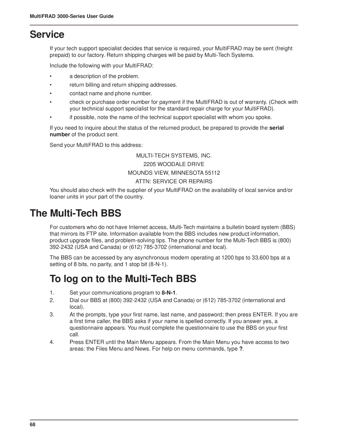 Multitech FR3060, 3100 manual Service, To log on to the Multi-Tech BBS 