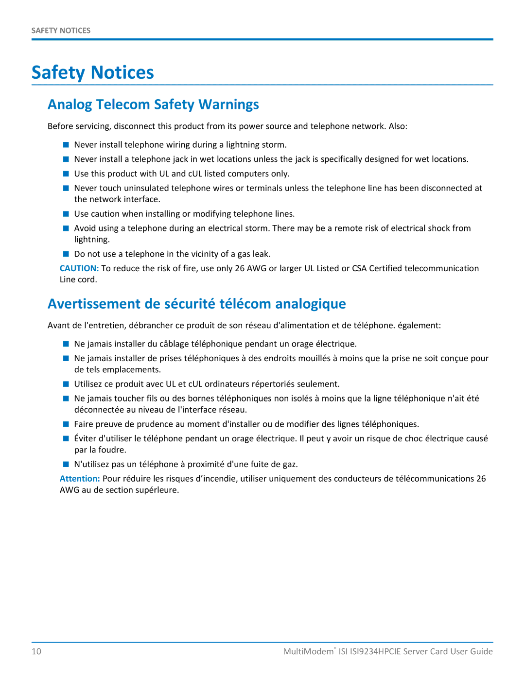 Multitech ISI9234HPCIE manual Safety Notices, Analog Telecom Safety Warnings, Avertissement de sécurité télécom analogique 