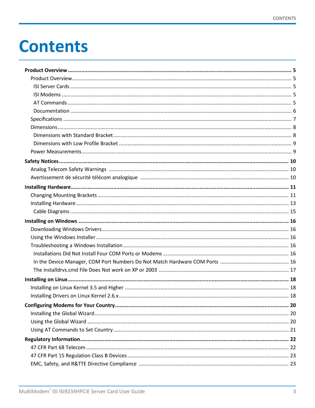 Multitech ISI9234HPCIE manual Contents 