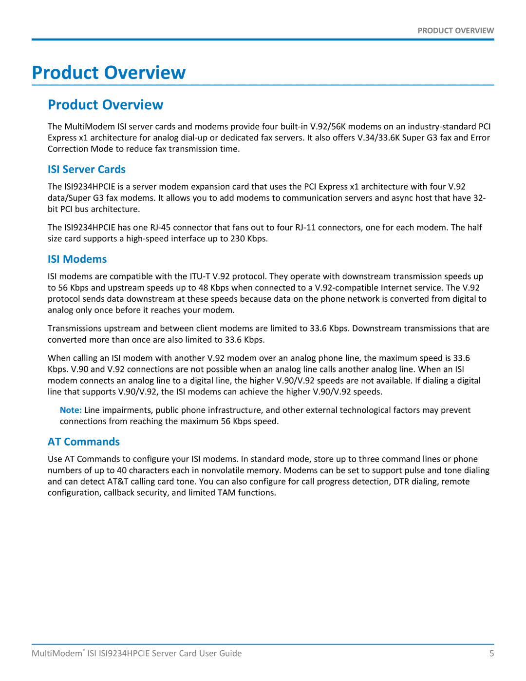 Multitech ISI9234HPCIE manual Product Overview, ISI Server Cards, ISI Modems, AT Commands 