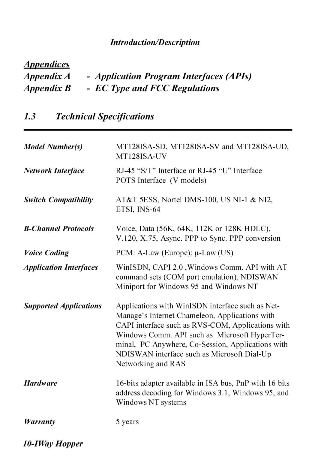 Multitech MT128ISA-UV, MT128ISA-SD, MT128ISA-SV, MT128ISA-UD manual Appendices, Technical Specifications 