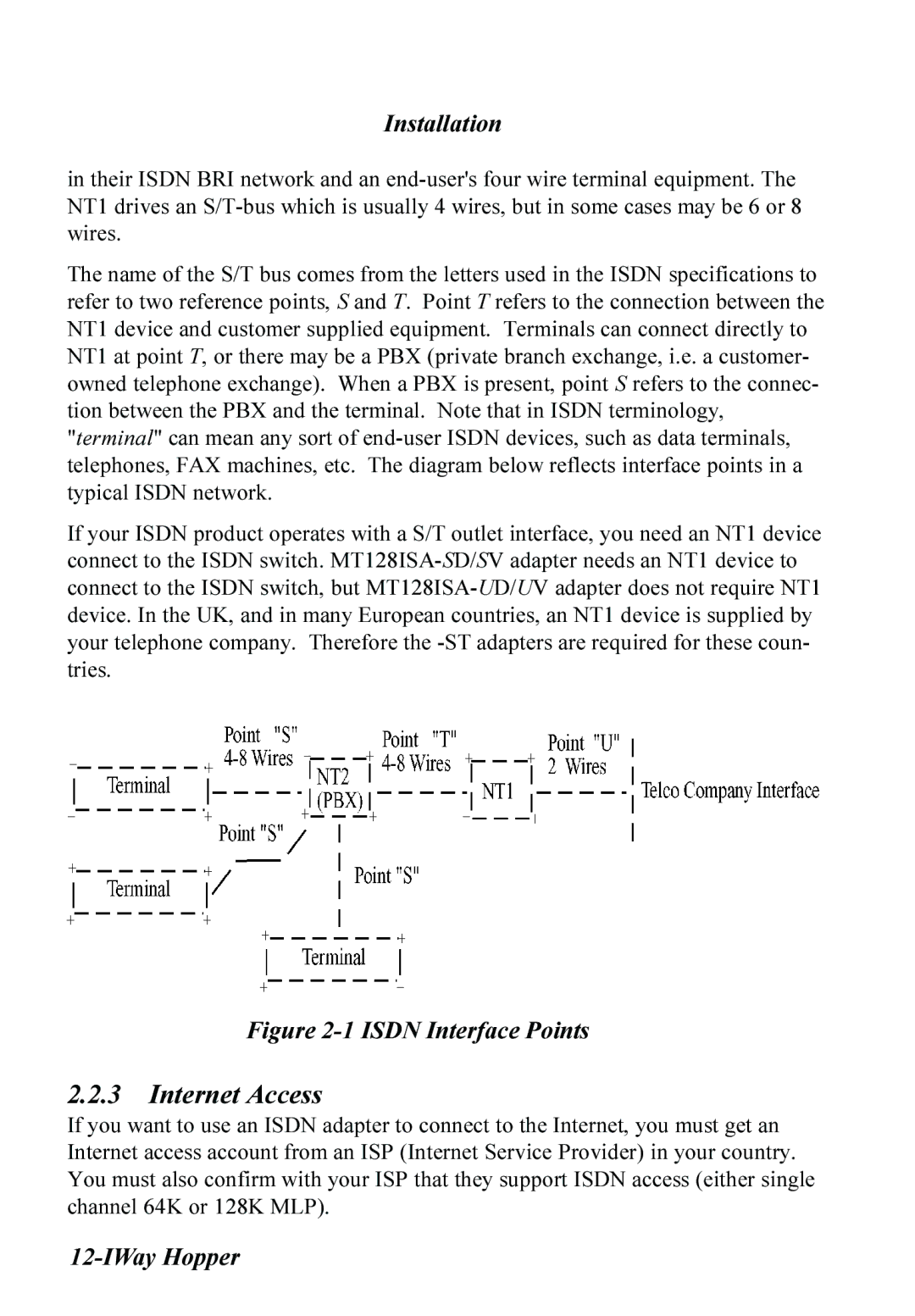 Multitech MT128ISA-SD, MT128ISA-SV, MT128ISA-UV, MT128ISA-UD manual Internet Access, Isdn Interface Points 