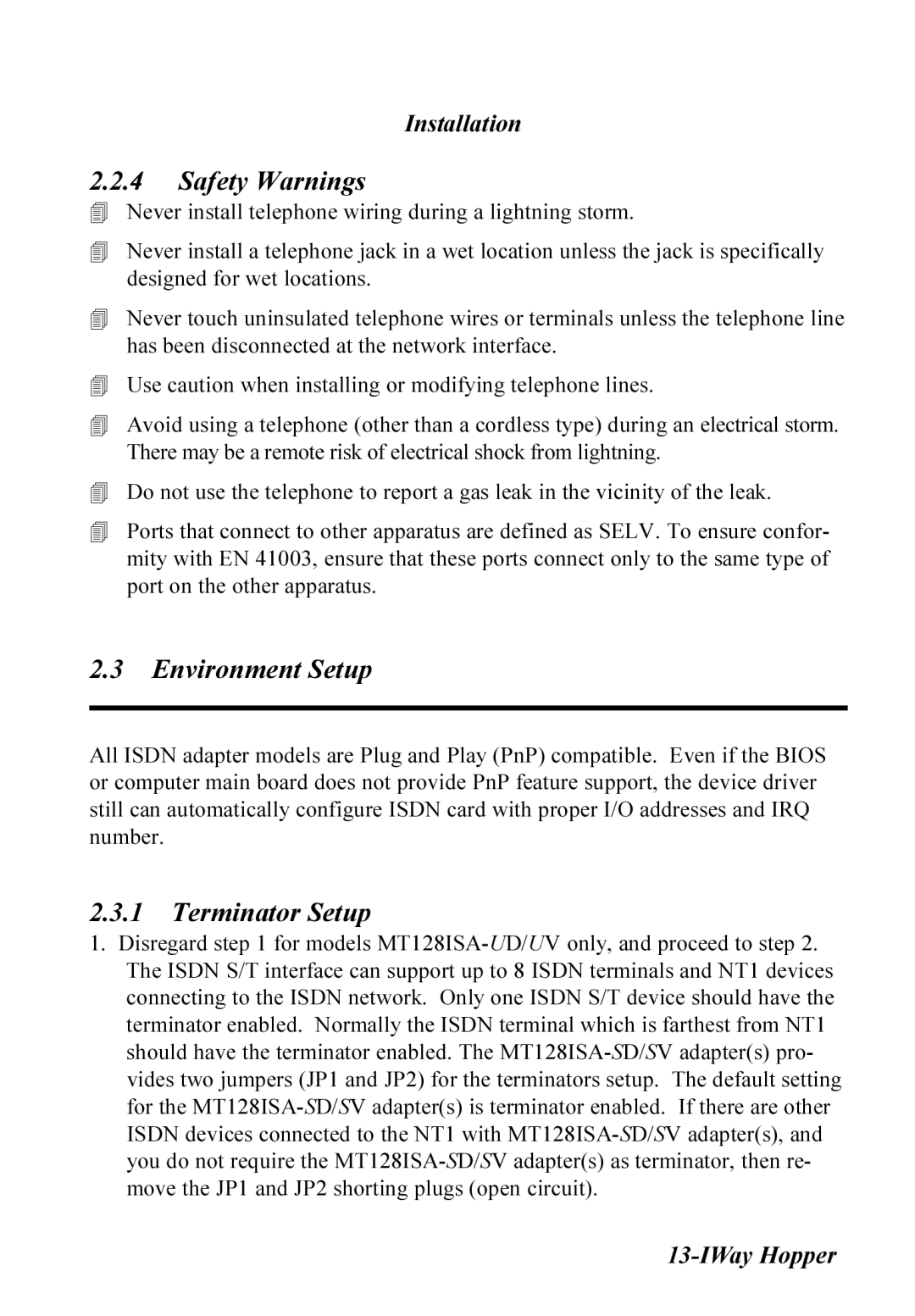 Multitech MT128ISA-SV, MT128ISA-SD, MT128ISA-UV, MT128ISA-UD manual Safety Warnings, Environment Setup, Terminator Setup 