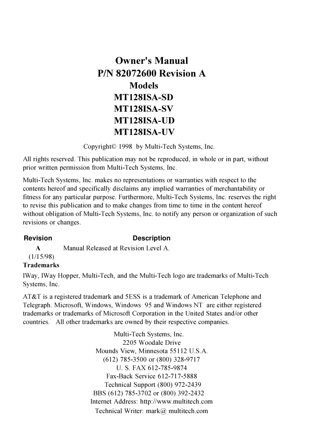 Multitech MT128ISA-UV, MT128ISA-SD, MT128ISA-SV, MT128ISA-UD manual Revision a 