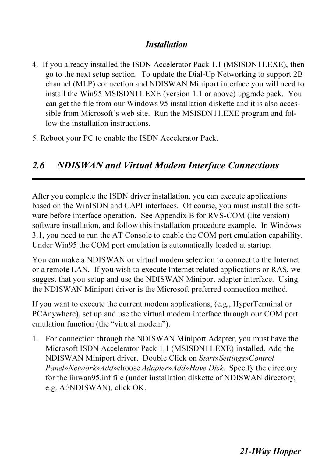 Multitech MT128ISA-SV, MT128ISA-SD, MT128ISA-UV, MT128ISA-UD manual Ndiswan and Virtual Modem Interface Connections 