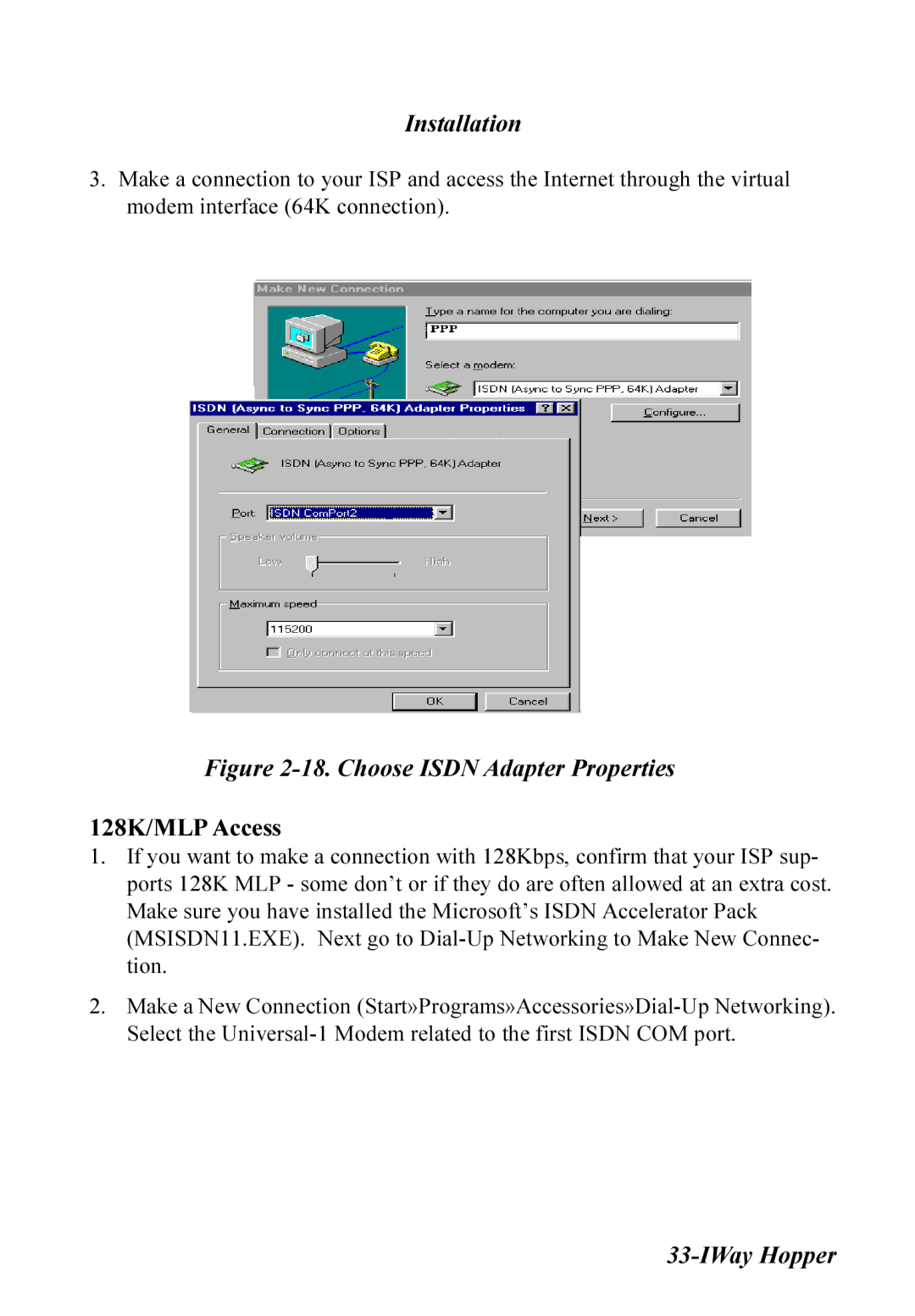 Multitech MT128ISA-SV, MT128ISA-SD, MT128ISA-UV, MT128ISA-UD manual Choose Isdn Adapter Properties 