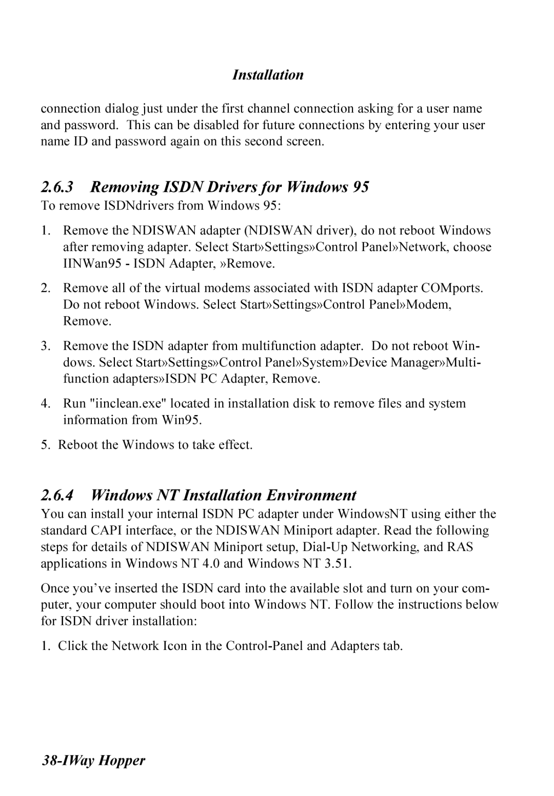 Multitech MT128ISA-UV, MT128ISA-SD, MT128ISA-SV manual Removing Isdn Drivers for Windows, Windows NT Installation Environment 